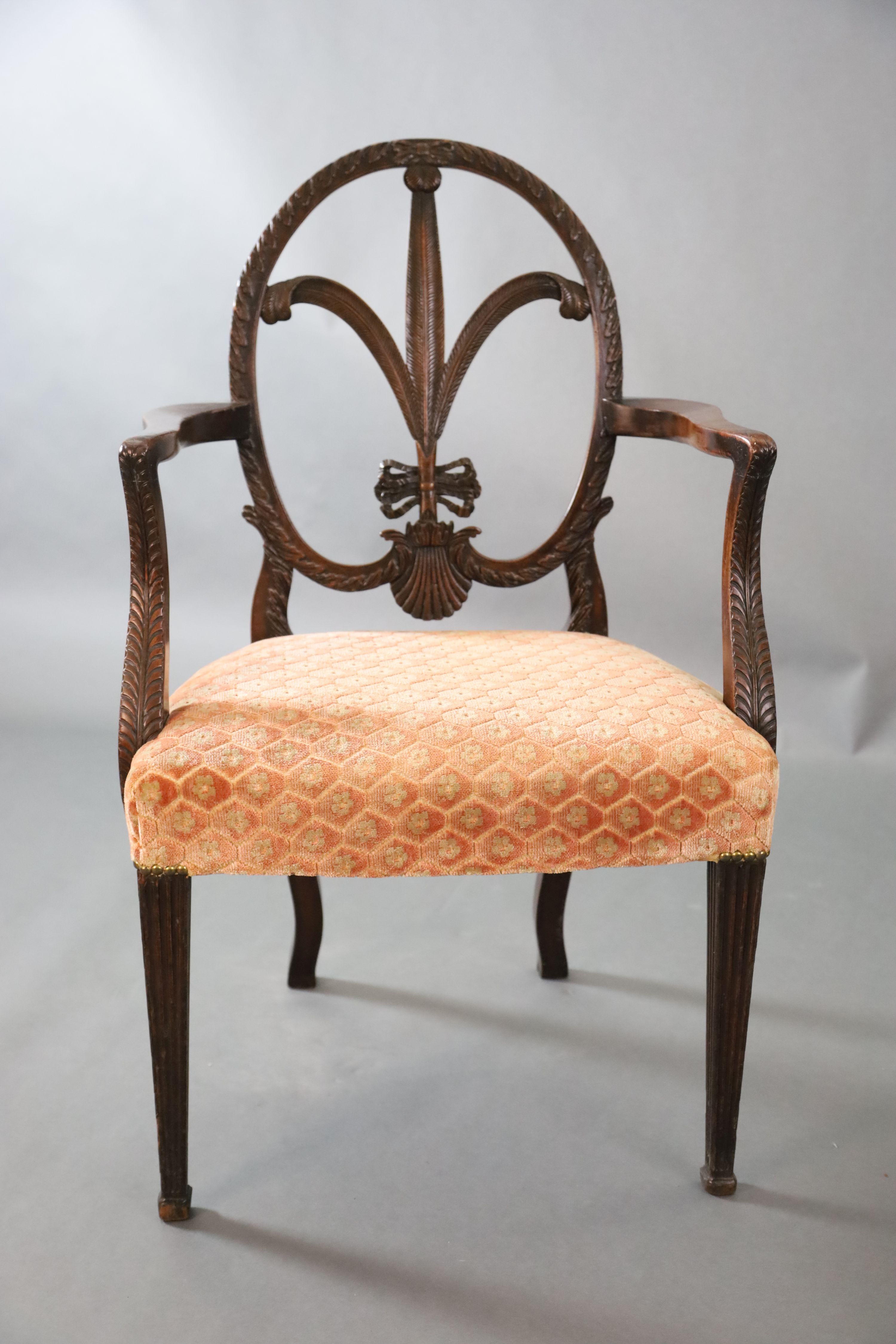 A George III Hepplewhite style mahogany elbow chair, W.1ft 10in. D.1ft 8in. H.3ft 1in.